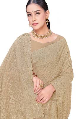 Designer beige heavy zari embroidery work georgette saree 4