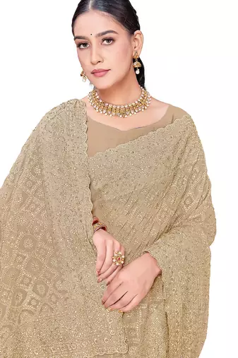 Designer beige heavy zari embroidery work georgette saree