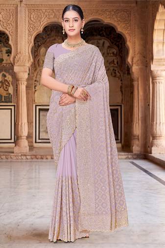 Designer lavender heavy zari embroidery work georgette saree