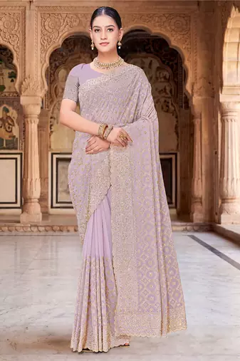 Designer lavender heavy zari embroidery work georgette saree