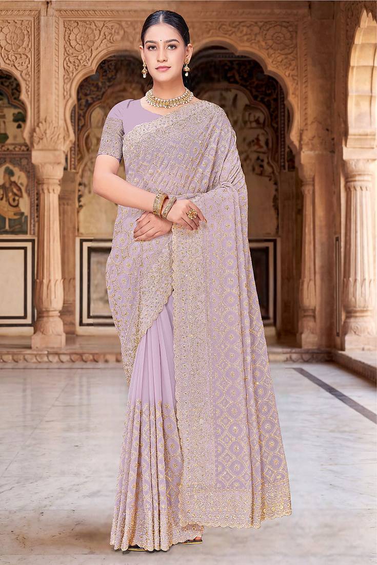 Designer lavender heavy zari embroidery work georgette saree