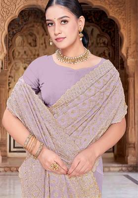 Designer lavender heavy zari embroidery work georgette saree 2
