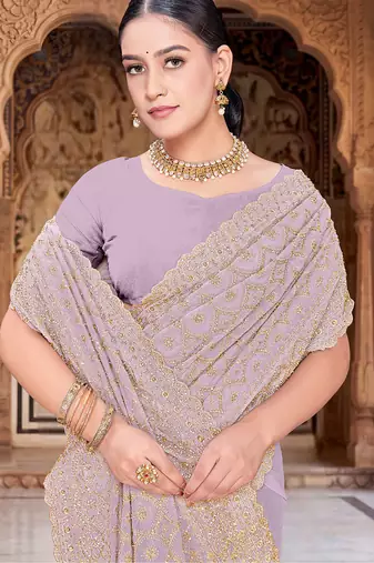 Designer lavender heavy zari embroidery work georgette saree