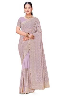 Designer lavender heavy zari embroidery work georgette saree 3