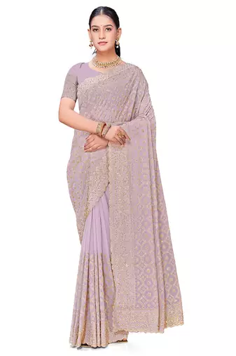 Designer lavender heavy zari embroidery work georgette saree