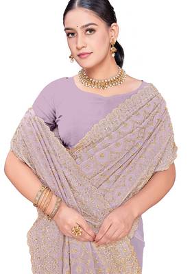 Designer lavender heavy zari embroidery work georgette saree 4