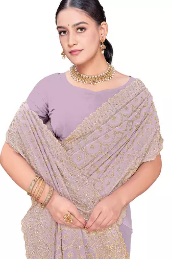 Designer lavender heavy zari embroidery work georgette saree