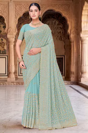 Designer sea green heavy zari embroidery work georgette saree