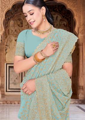 Designer sea green heavy zari embroidery work georgette saree 2