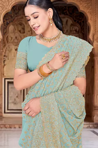 Designer sea green heavy zari embroidery work georgette saree