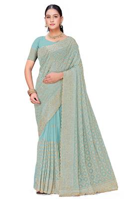 Designer sea green heavy zari embroidery work georgette saree 3