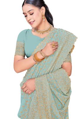Designer sea green heavy zari embroidery work georgette saree 4