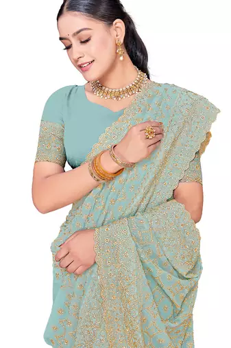 Designer sea green heavy zari embroidery work georgette saree