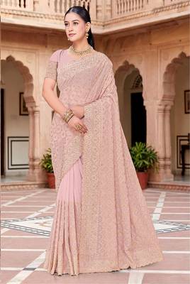Designer peach heavy zari embroidery work georgette saree 1