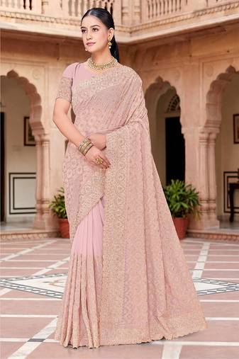 Designer peach heavy zari embroidery work georgette saree