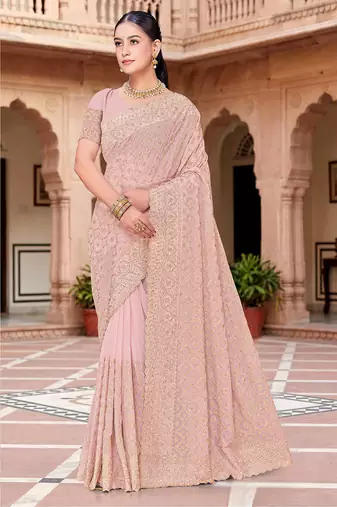 Designer peach heavy zari embroidery work georgette saree