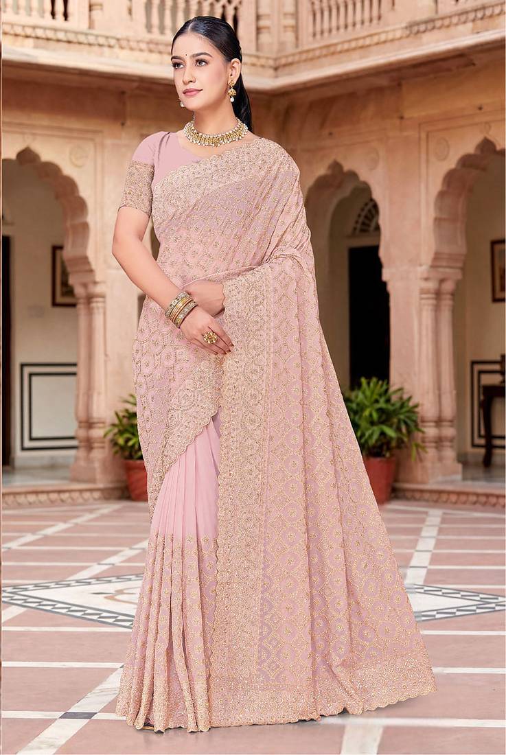 Designer peach heavy zari embroidery work georgette saree