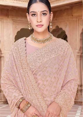 Designer peach heavy zari embroidery work georgette saree 2