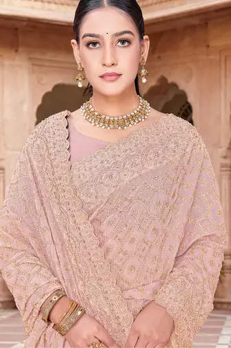 Designer peach heavy zari embroidery work georgette saree