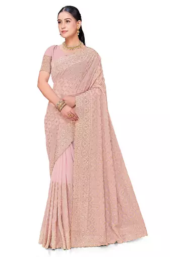 Designer peach heavy zari embroidery work georgette saree