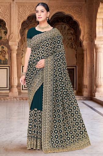 Designer teal blue heavy zari embroidery work georgette saree