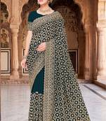 Designer teal blue heavy zari embroidery work georgette saree