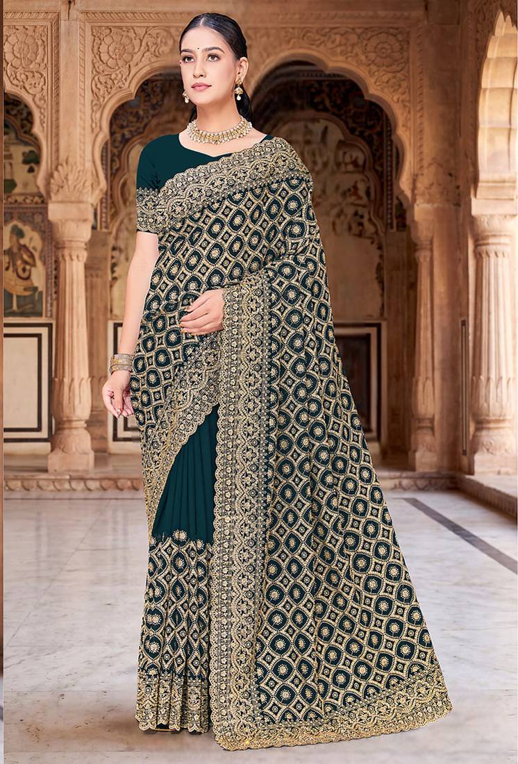 Designer teal blue heavy zari embroidery work georgette saree