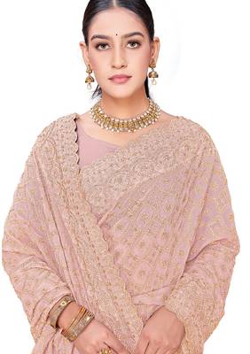 Designer peach heavy zari embroidery work georgette saree 4