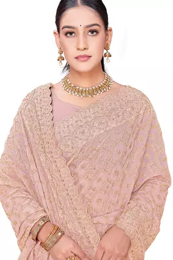 Designer peach heavy zari embroidery work georgette saree