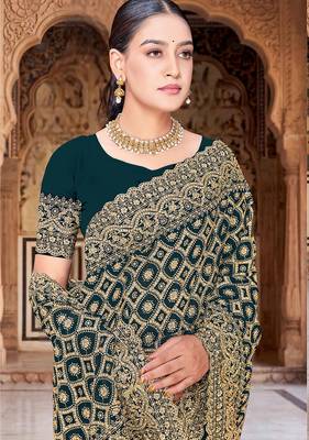 Designer teal blue heavy zari embroidery work georgette saree 2