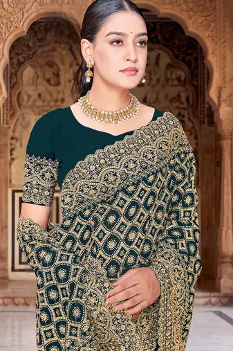 Designer teal blue heavy zari embroidery work georgette saree