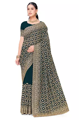 Designer teal blue heavy zari embroidery work georgette saree