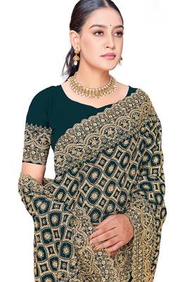 Designer teal blue heavy zari embroidery work georgette saree 4