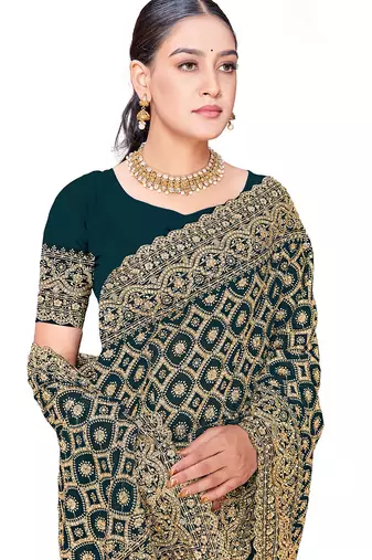 Designer teal blue heavy zari embroidery work georgette saree