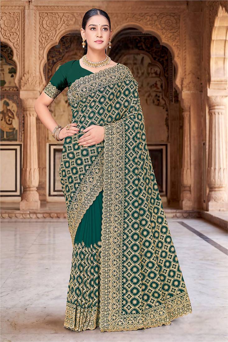 Designer rama heavy zari embroidery work georgette saree