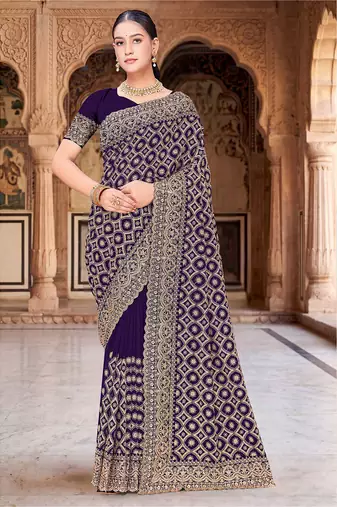 Designer purple heavy zari embroidery work georgette saree