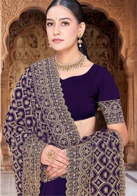 Designer purple heavy zari embroidery work georgette saree 2