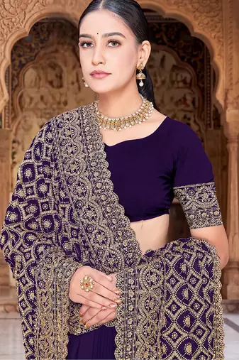 Designer purple heavy zari embroidery work georgette saree