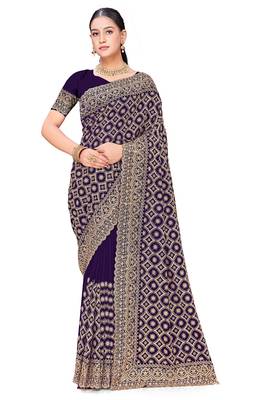 Designer purple heavy zari embroidery work georgette saree 3