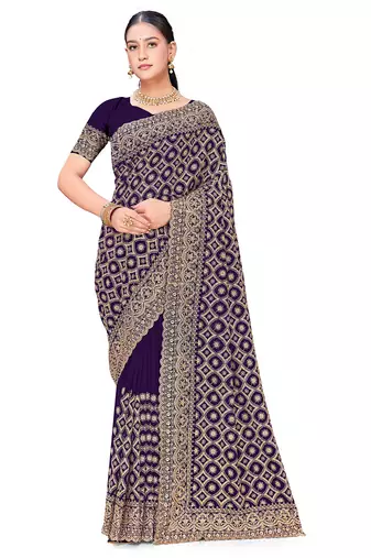 Designer purple heavy zari embroidery work georgette saree