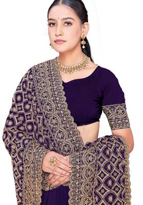 Designer purple heavy zari embroidery work georgette saree 4