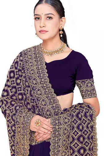 Designer purple heavy zari embroidery work georgette saree