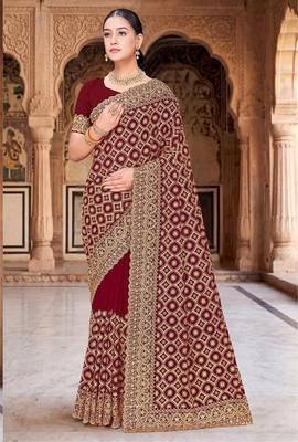 Designer maroon heavy zari embroidery work georgette saree 1