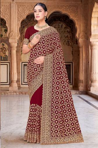 Designer maroon heavy zari embroidery work georgette saree