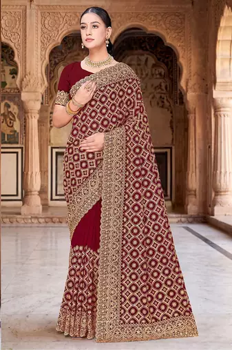 Designer maroon heavy zari embroidery work georgette saree