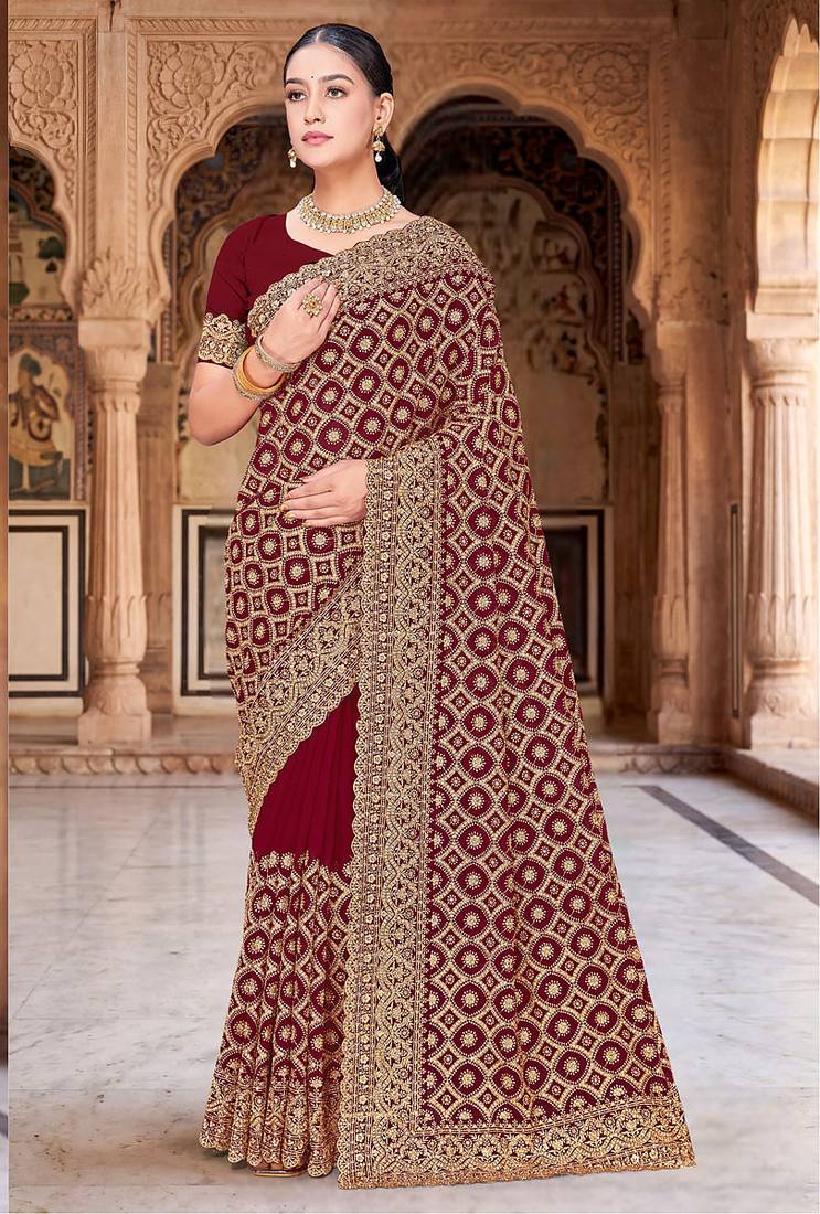 Designer maroon heavy zari embroidery work georgette saree