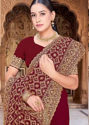 Designer maroon heavy zari embroidery work georgette saree 2