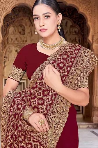 Designer maroon heavy zari embroidery work georgette saree