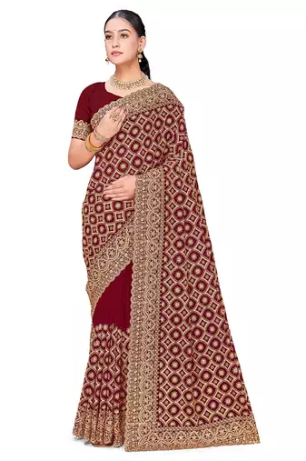Designer maroon heavy zari embroidery work georgette saree