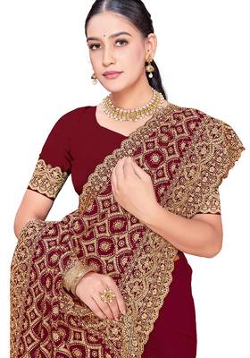 Designer maroon heavy zari embroidery work georgette saree 4